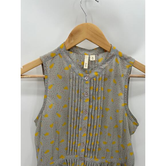 Frenchi Top Women XS Grey Yellow Splatter Print Button Front Pintuck Sleeveless - Picture 3 of 8